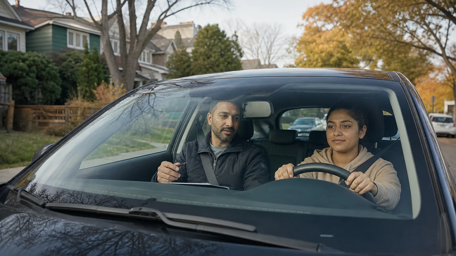 A learner taking a driving lesson with an instructor on a residential street